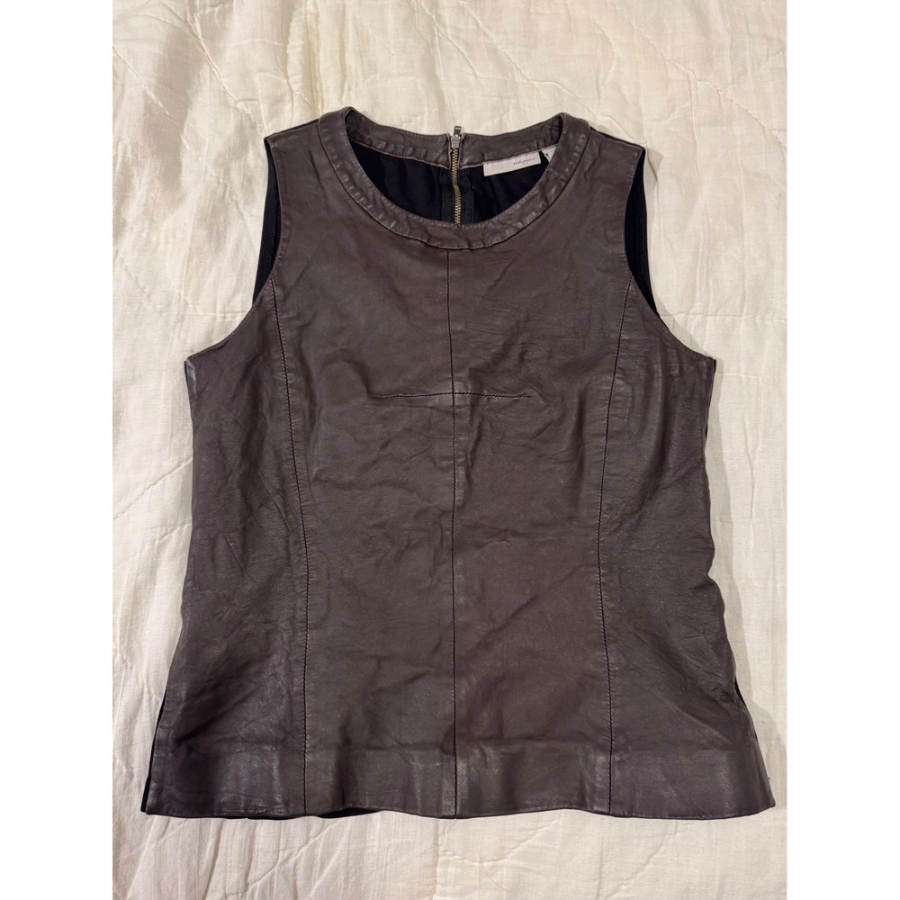 Halogen Womens XS Leather Front Mixed Media Sleeveless Top Brown Exposed Zipper